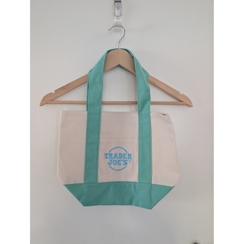 Trader Joes Mini Pastel Canvas Tote Bag Mint Green Cream Grocery Bag New